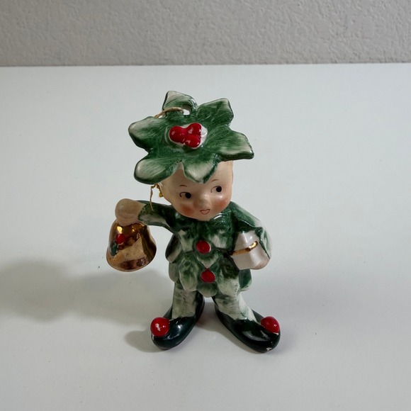 napco Other - Vintage Napco Christmas Elf Figurine Holly Leaf Hat Bell Japan CX2747 Green